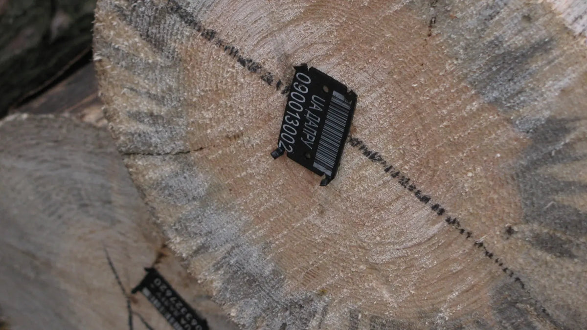 Markierungsplättchen mit Barcode auf Rundholz